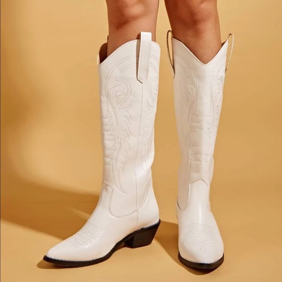 White Chunky Heel Cowboy Boot - Picture 8 of 8